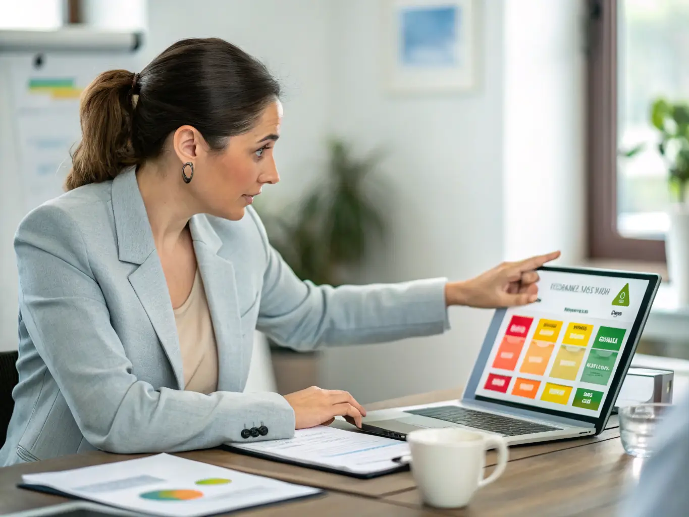 A consultant in a business meeting, analyzing data on a tablet, with charts and graphs displayed in the background, representing the initial consultation phase.