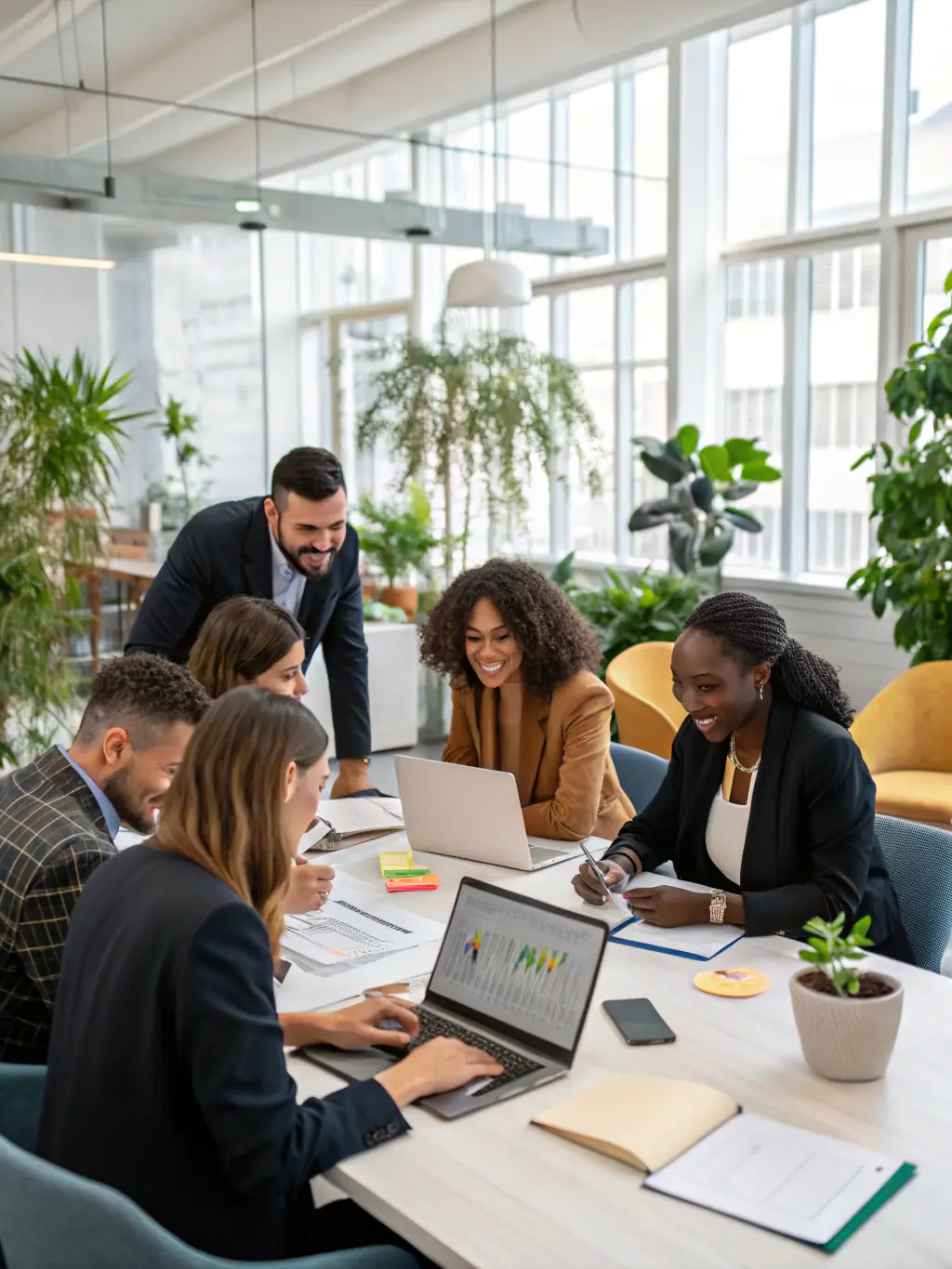 A diverse team collaborating on a project, highlighting the importance of teamwork and effective communication in achieving business goals.
