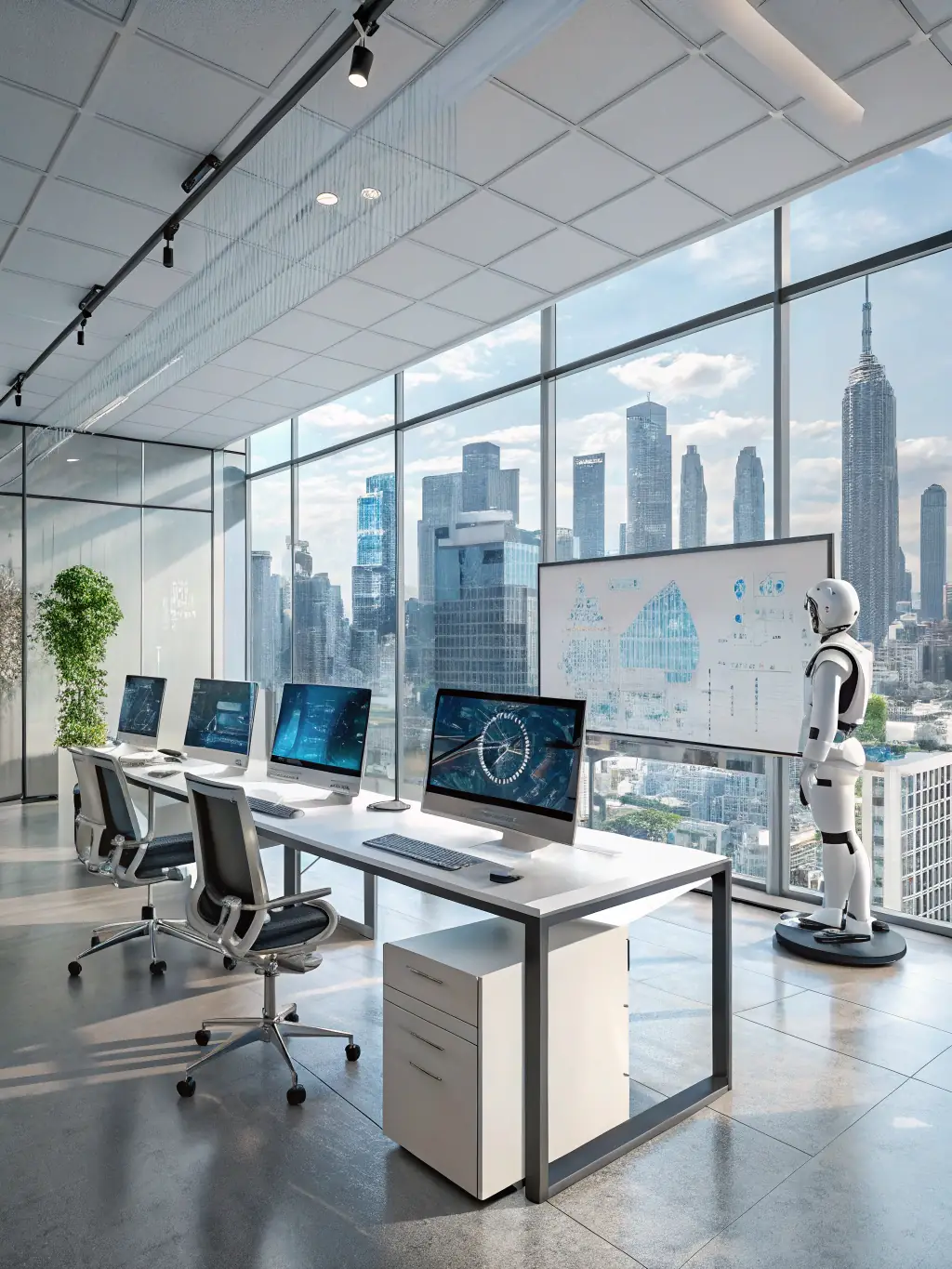 A digital illustration of automated robots working in a modern office setting, symbolizing efficiency and innovation in business processes.